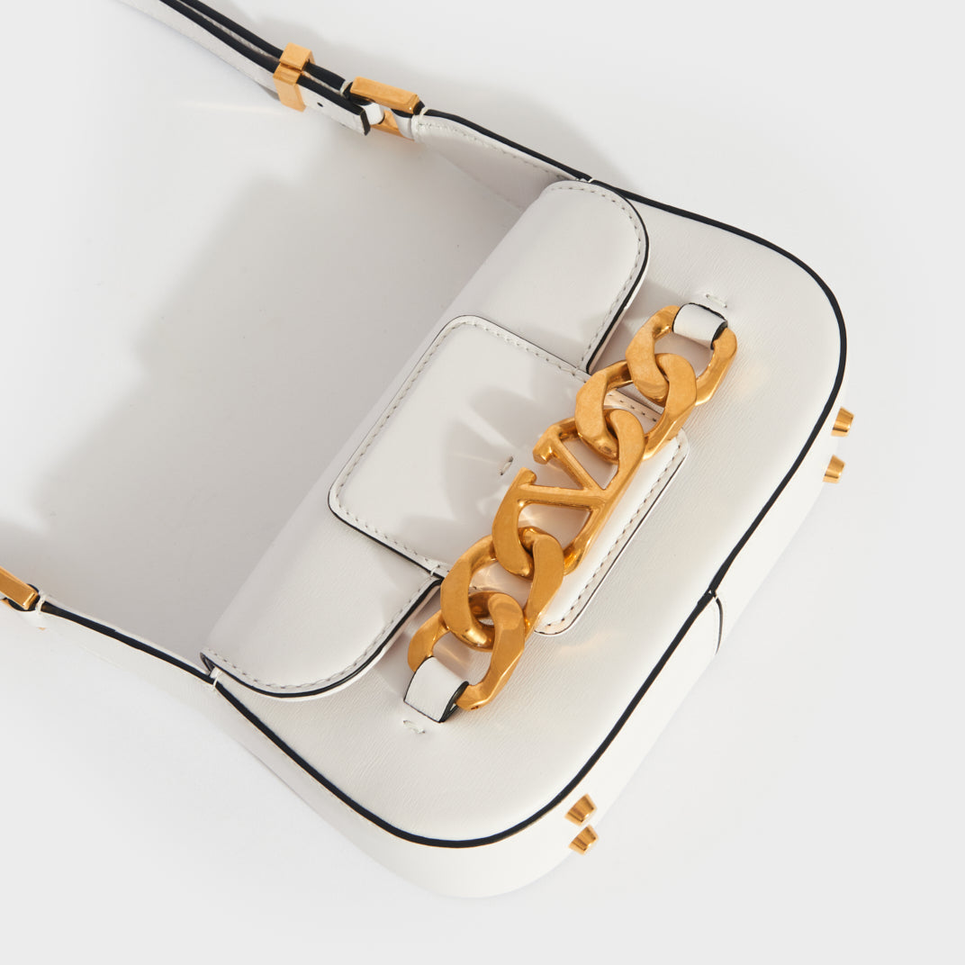 Small V-Logo Chain Leather Shoulder Bag in White [ReSale]