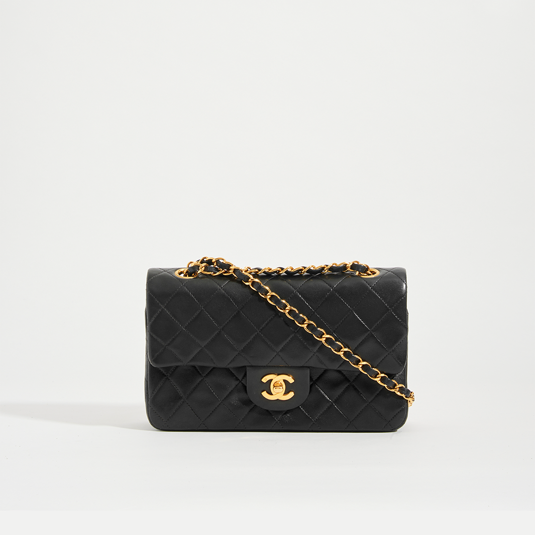 CHANEL Lambskin Small Classic Double Flap Bag Black 24k gold