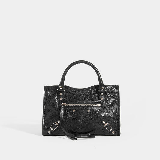 BALENCIAGA Mini City Bag With Silver Hardware in Black Leather