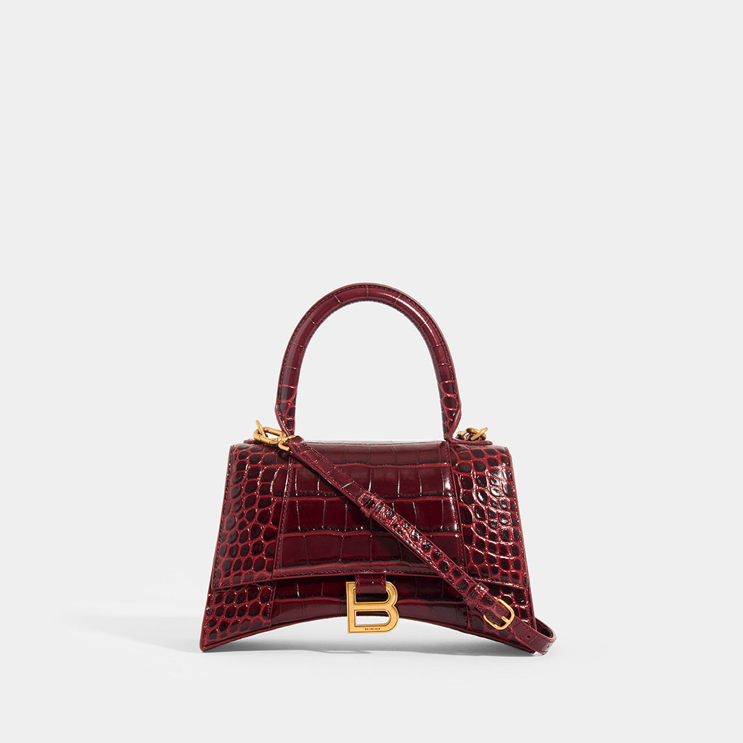 BALENCIAGA Hourglass S Embossed Croc in Burgundy