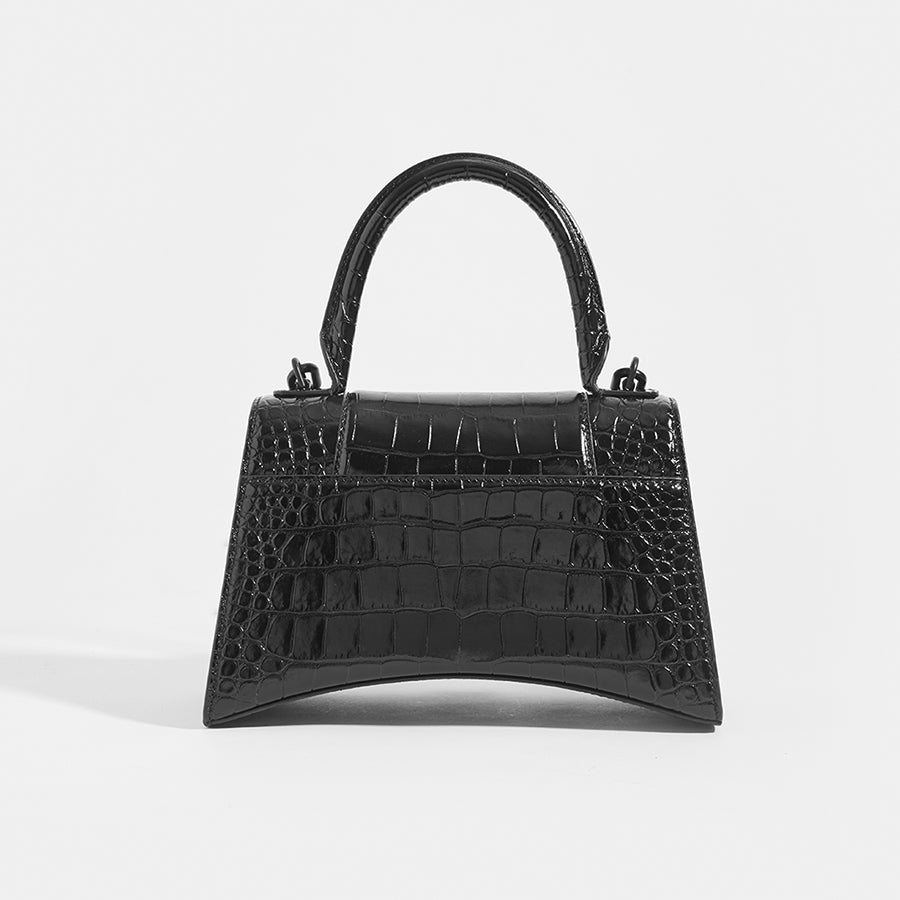 BALENCIAGA Hourglass Mini Micro Black Croc Embossed Leather