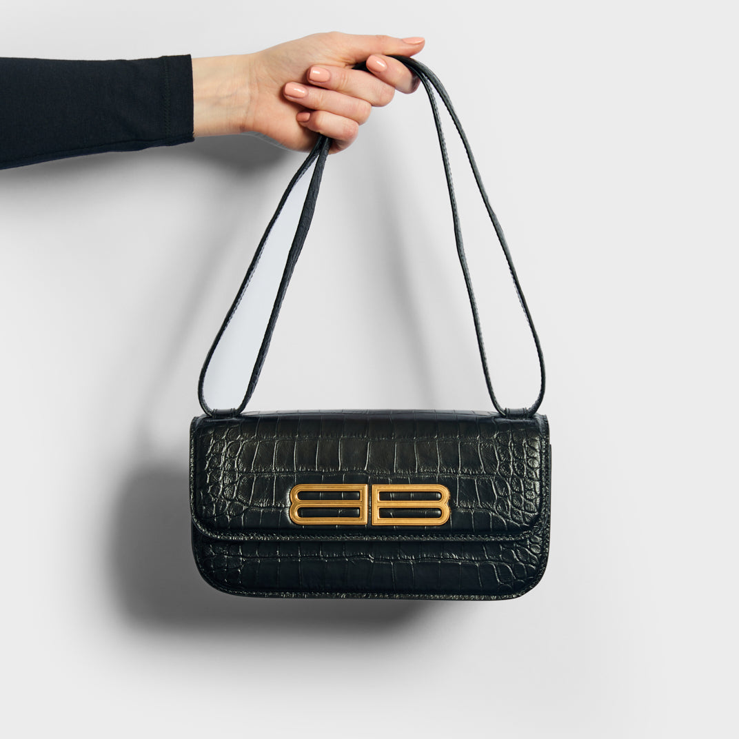 Gossip Small Croc-Effect Leather Shoulder Bag in Black