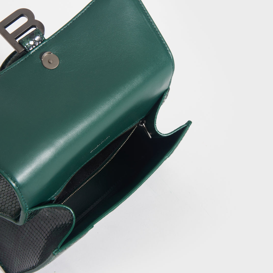 Small Hourglass Bag in Green and Black Snakeskin-Effect