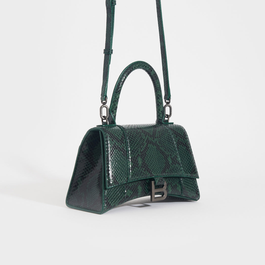 Small Hourglass Bag in Green and Black Snakeskin-Effect