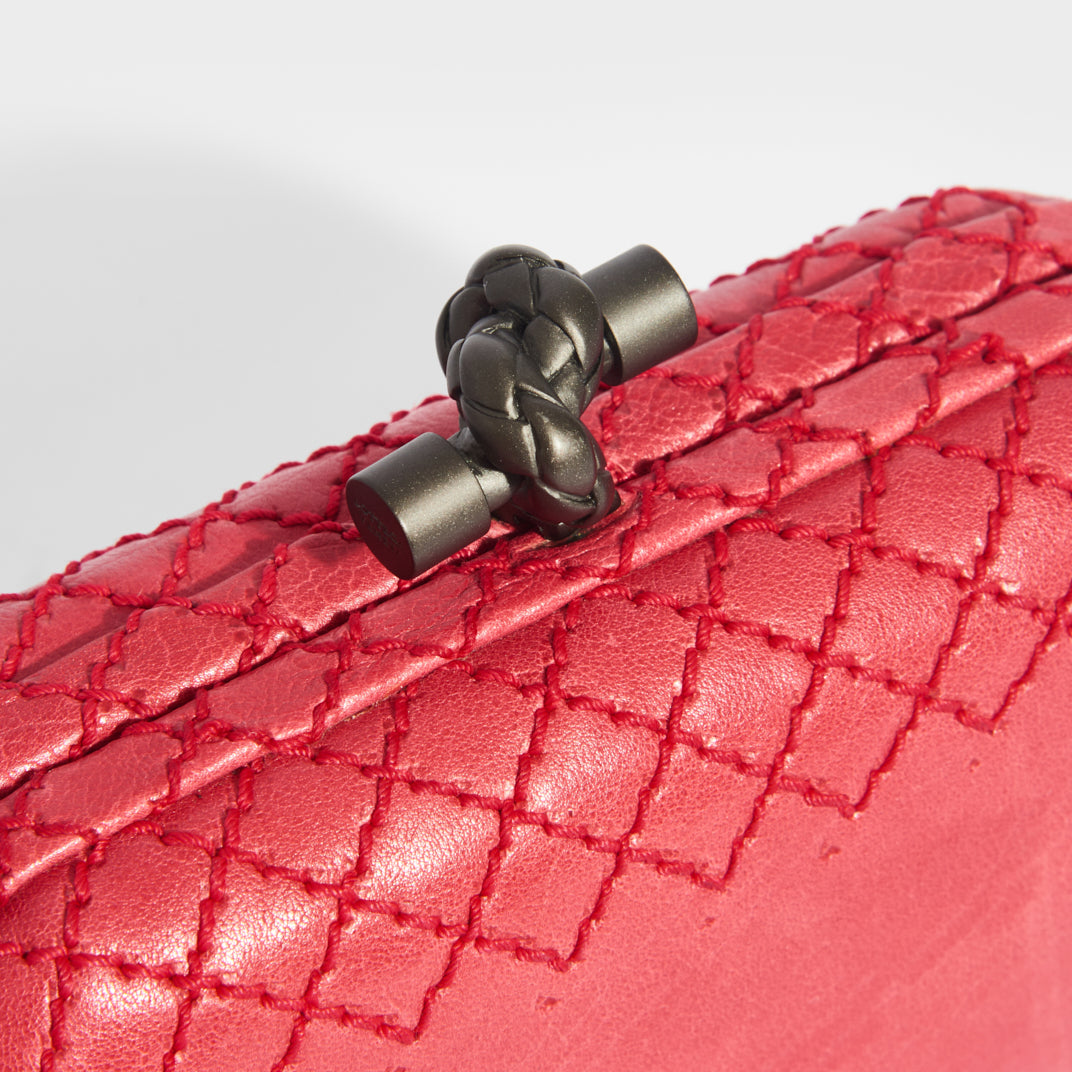 Diamond Stitch Leather Knot Clutch in Red