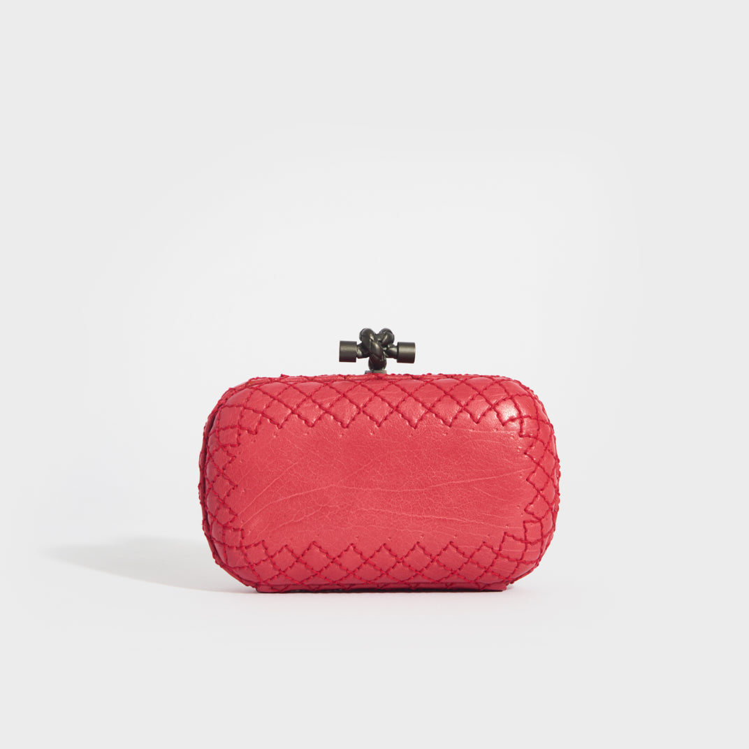 Diamond Stitch Leather Knot Clutch in Red