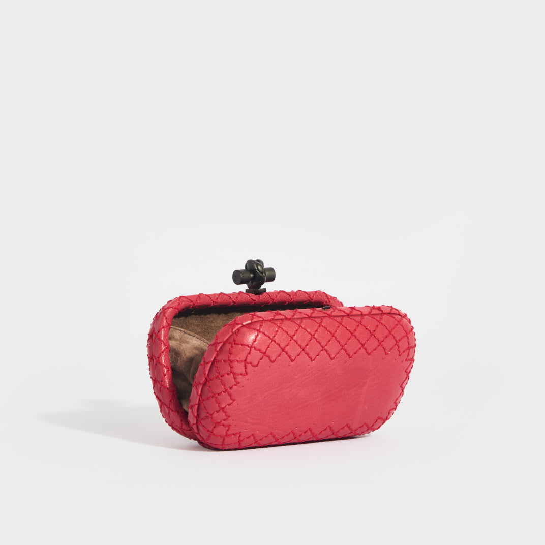 Diamond Stitch Leather Knot Clutch in Red