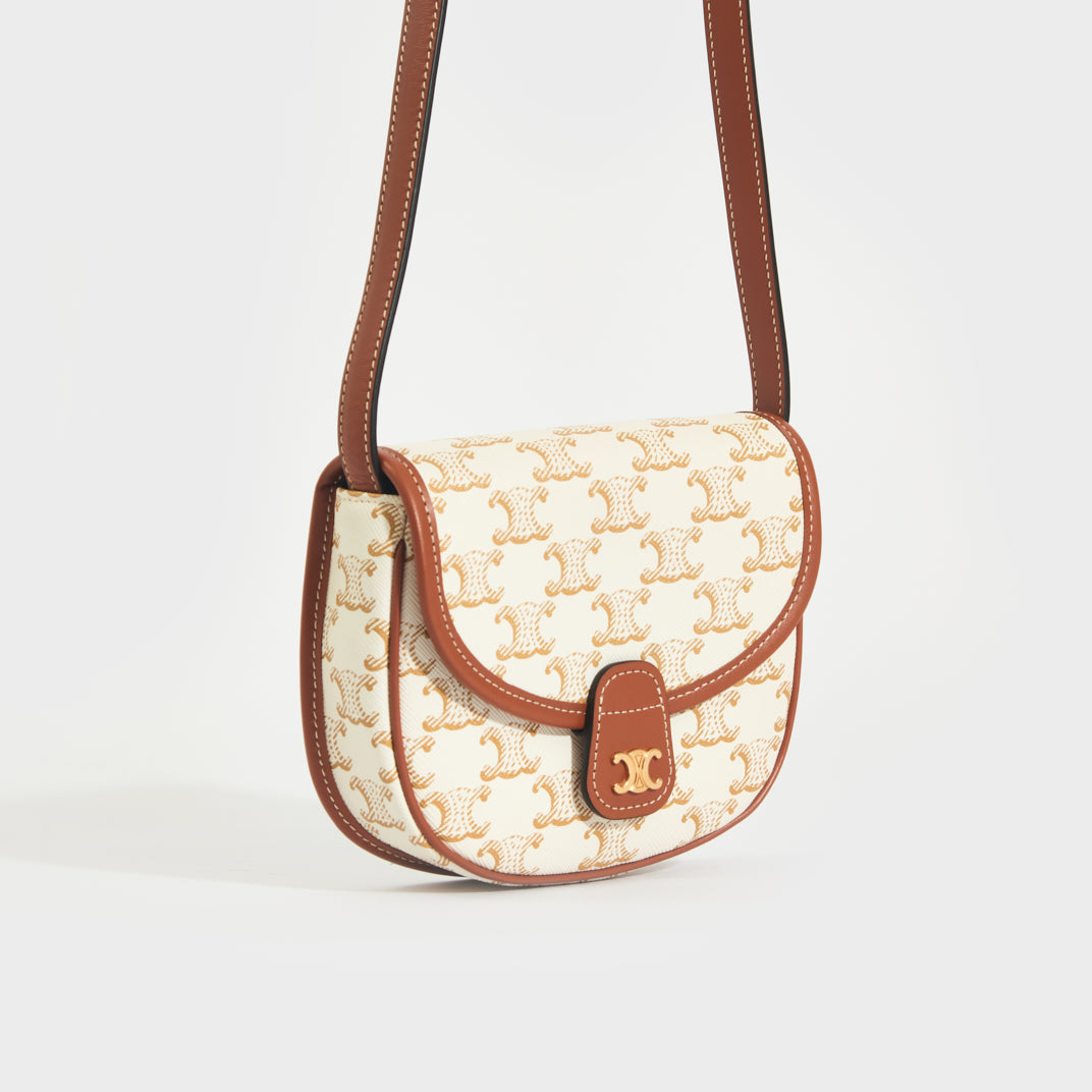 Triomphe Buzas Canvas Crossbody Bag in White & Tan