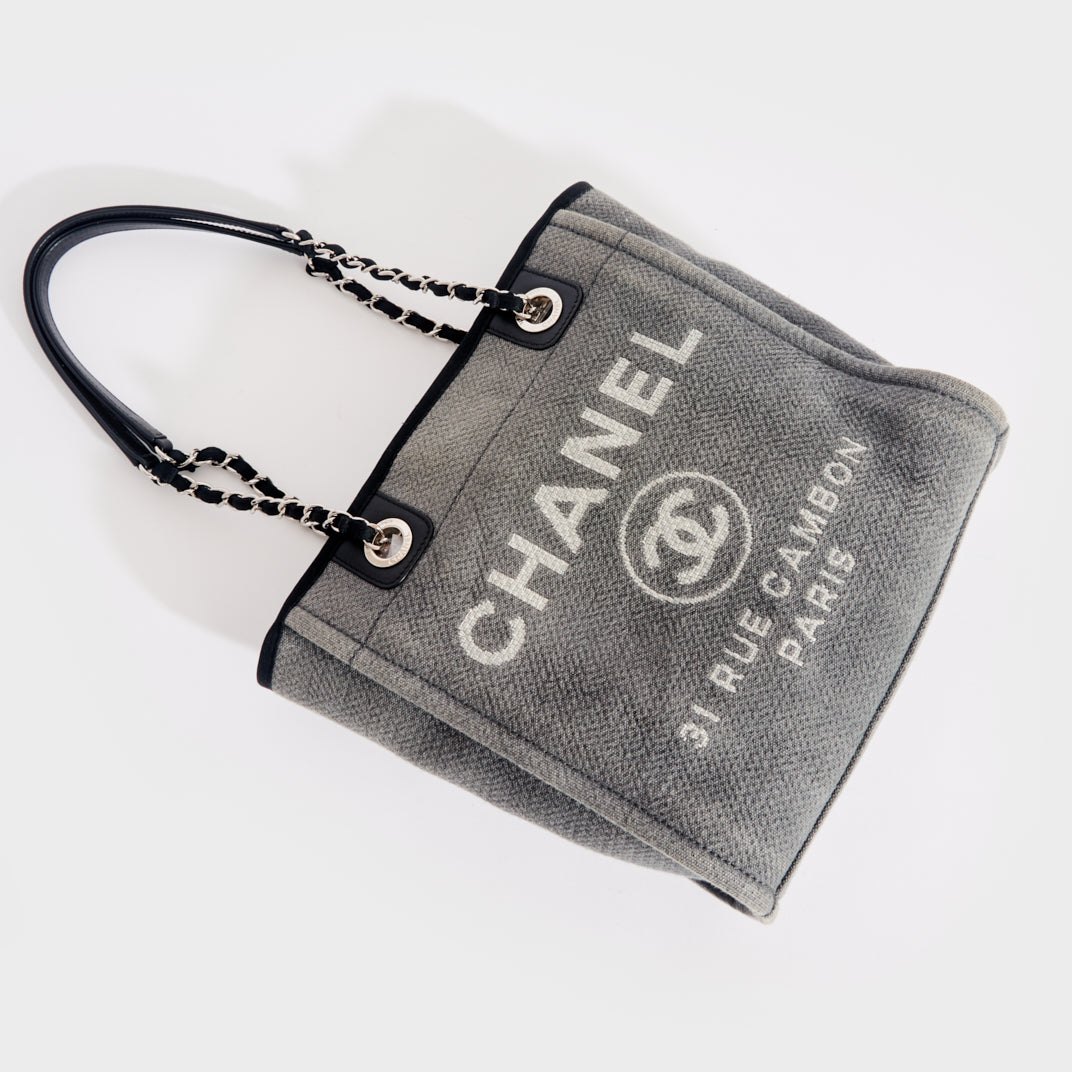 CHANEL Deauville PM Tote Bag Canvas Chain Beige Silver Metal 32cm