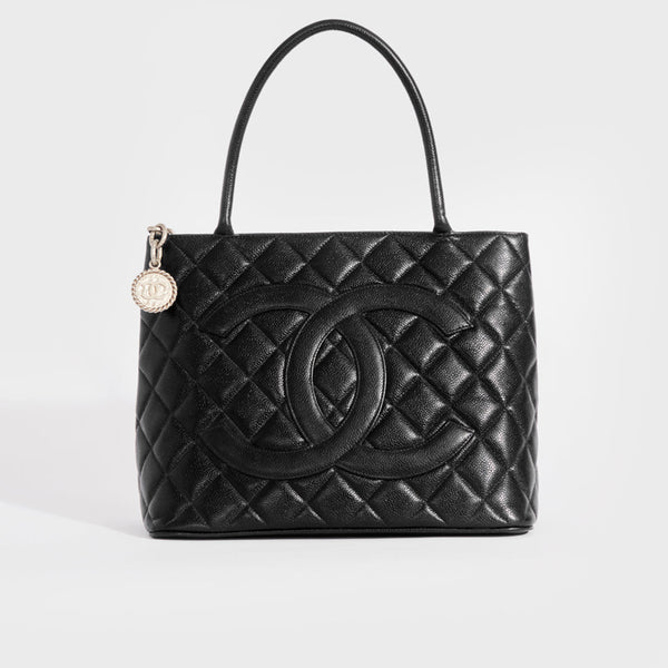 Chanel Black Quilted Caviar Timeless Medallion Tote Silver Hardware, 1997 (Very Good)-1999, Womens Handbag