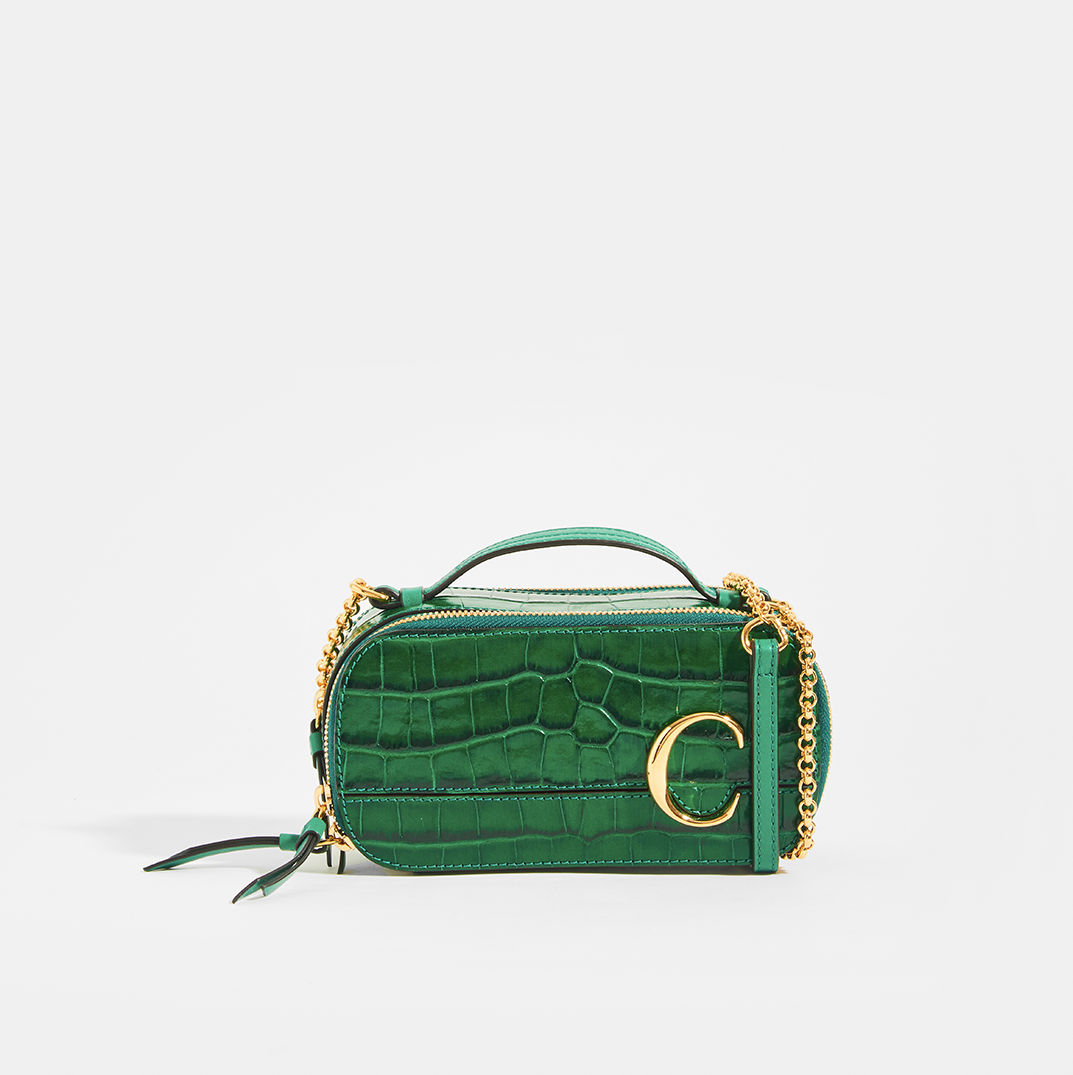 CHLOÉ C Mini Vanity Shoulder Bag in Green Croc-Effect Leather