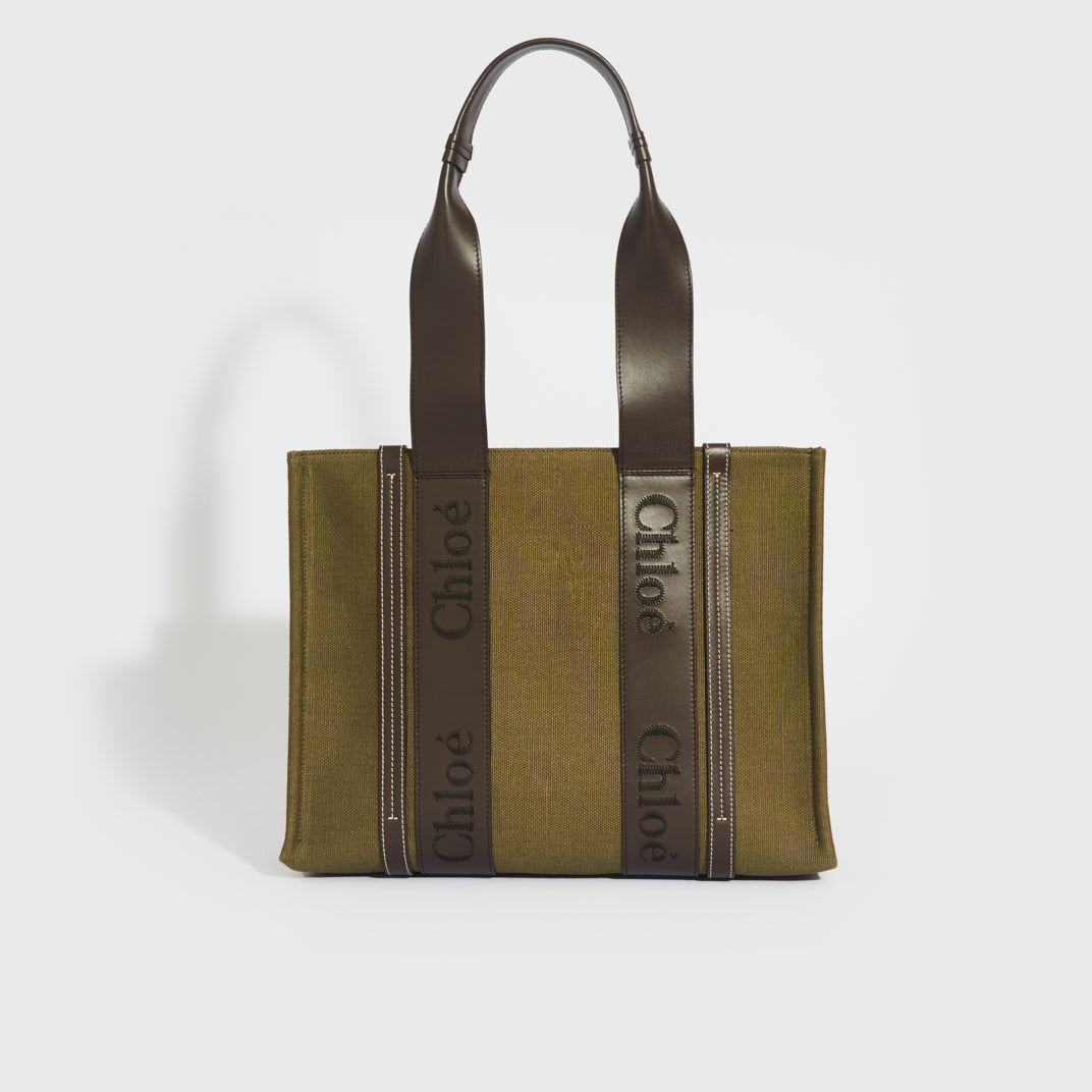 Medium Linen-Canvas Woody Tote Bag in Green