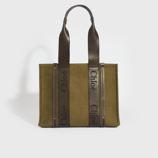 Medium Linen-Canvas Woody Tote Bag in Green