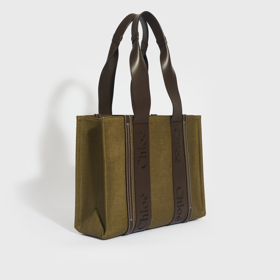 Medium Linen-Canvas Woody Tote Bag in Green