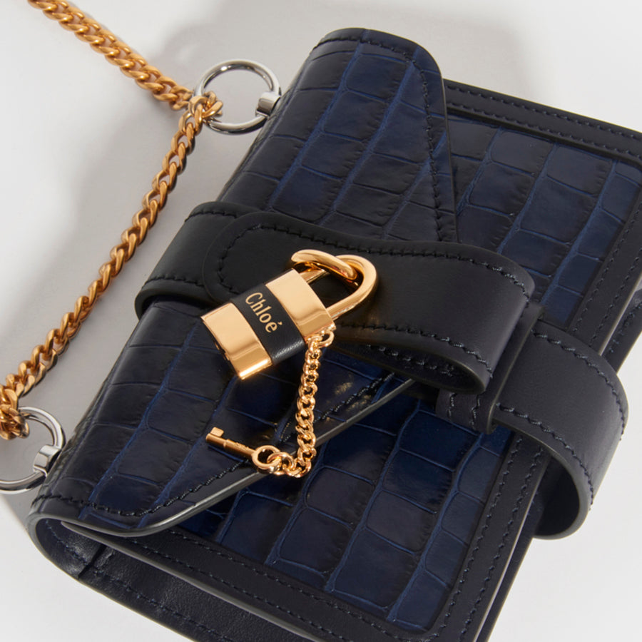 CHLOÉ Mini Aby Chain Crocodile-Effect Shoulder Bag in Navy [ReSale