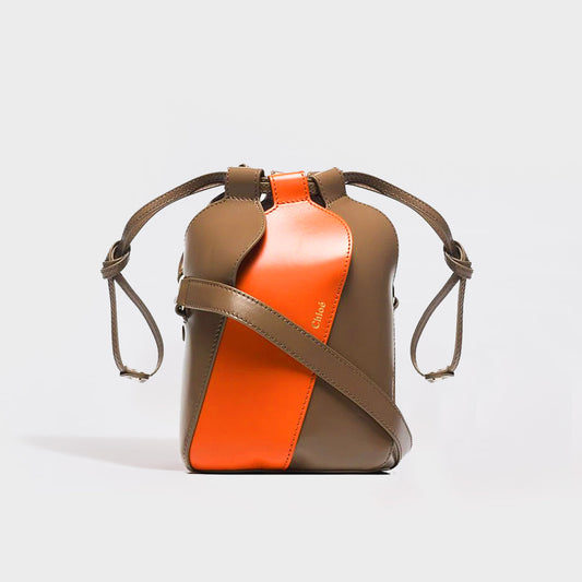 Mini Tulip Leather Bucket Bag in Brown and Orange