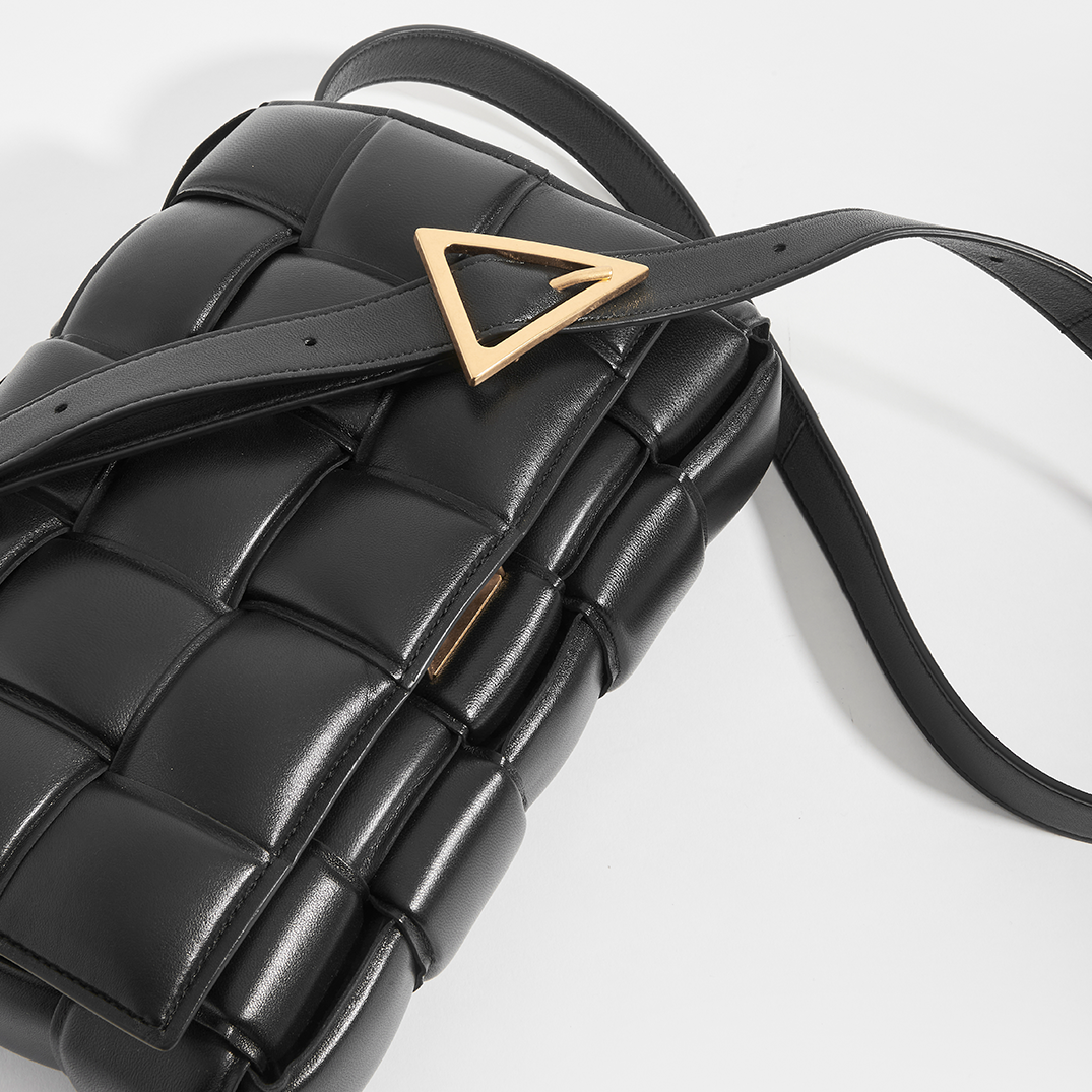 Padded Cassette Bag in Nero Leather with Gold Hardware