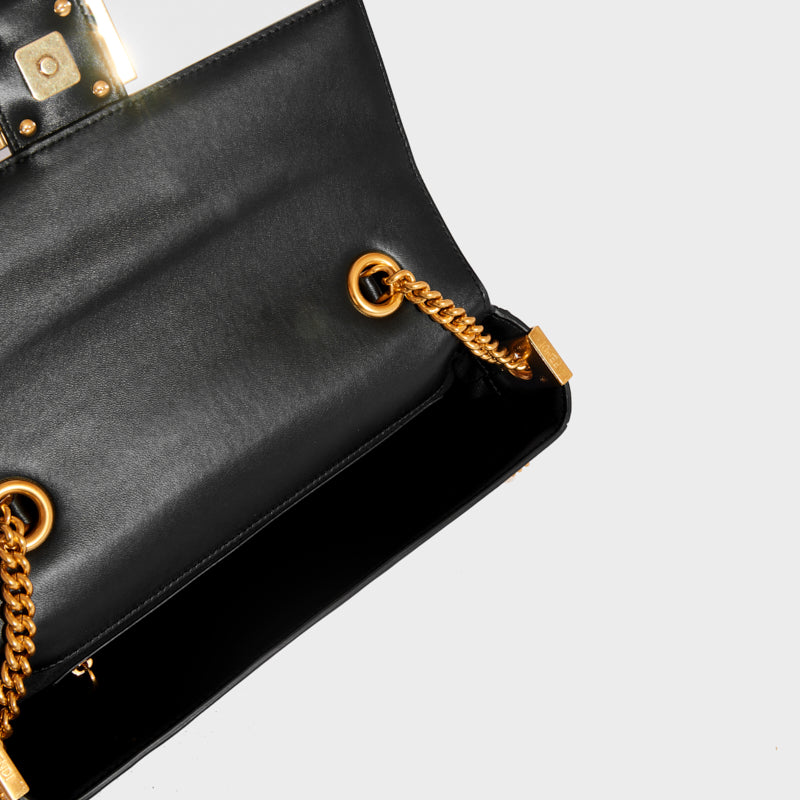 FENDI Baguette Mini Lambskin Leather Chain Shoulder Bag Black