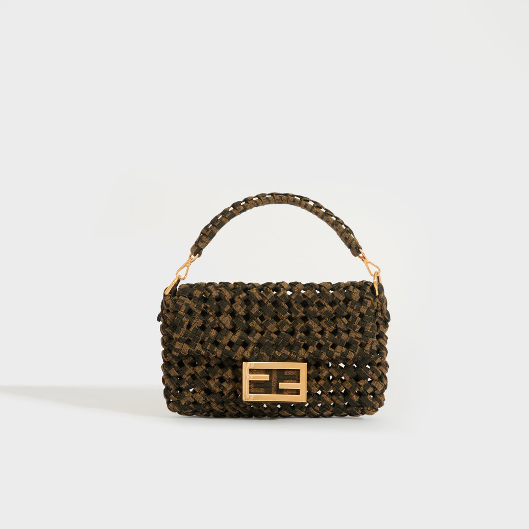 Mini Baguette Bag with Woven FF Jacquard Fabric in Brown