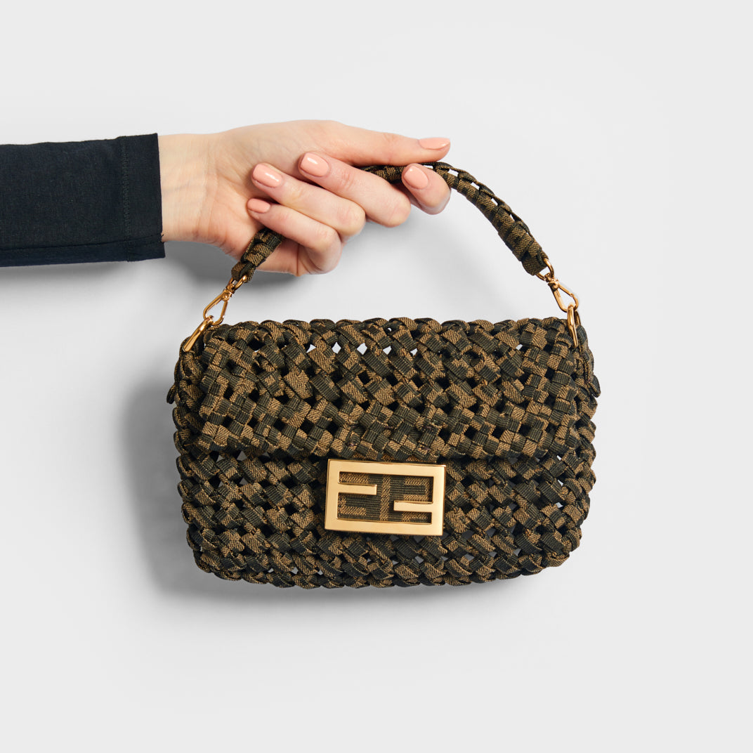 Mini Baguette Bag with Woven FF Jacquard Fabric in Brown