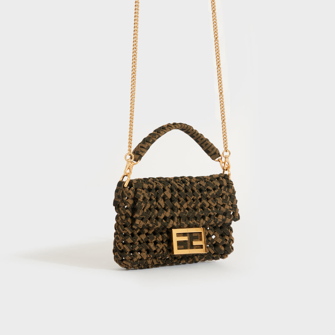 Mini Baguette Bag with Woven FF Jacquard Fabric in Brown