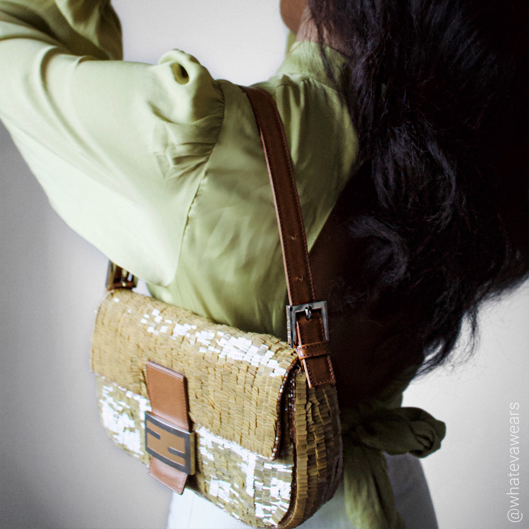 Fendi Lizard Trim Sequin Paillette Baguette Bag - Gold Shoulder