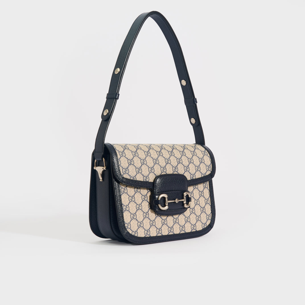 Horsebit 1955 Shoulder Bag in Canvas and Navy Blue Leather Trim