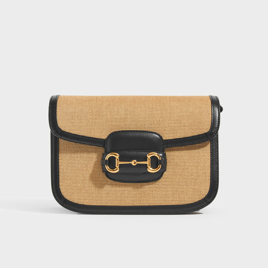 GUCCI 1955 Horsebit Shoulder Bag in Canvas with Navy Leather