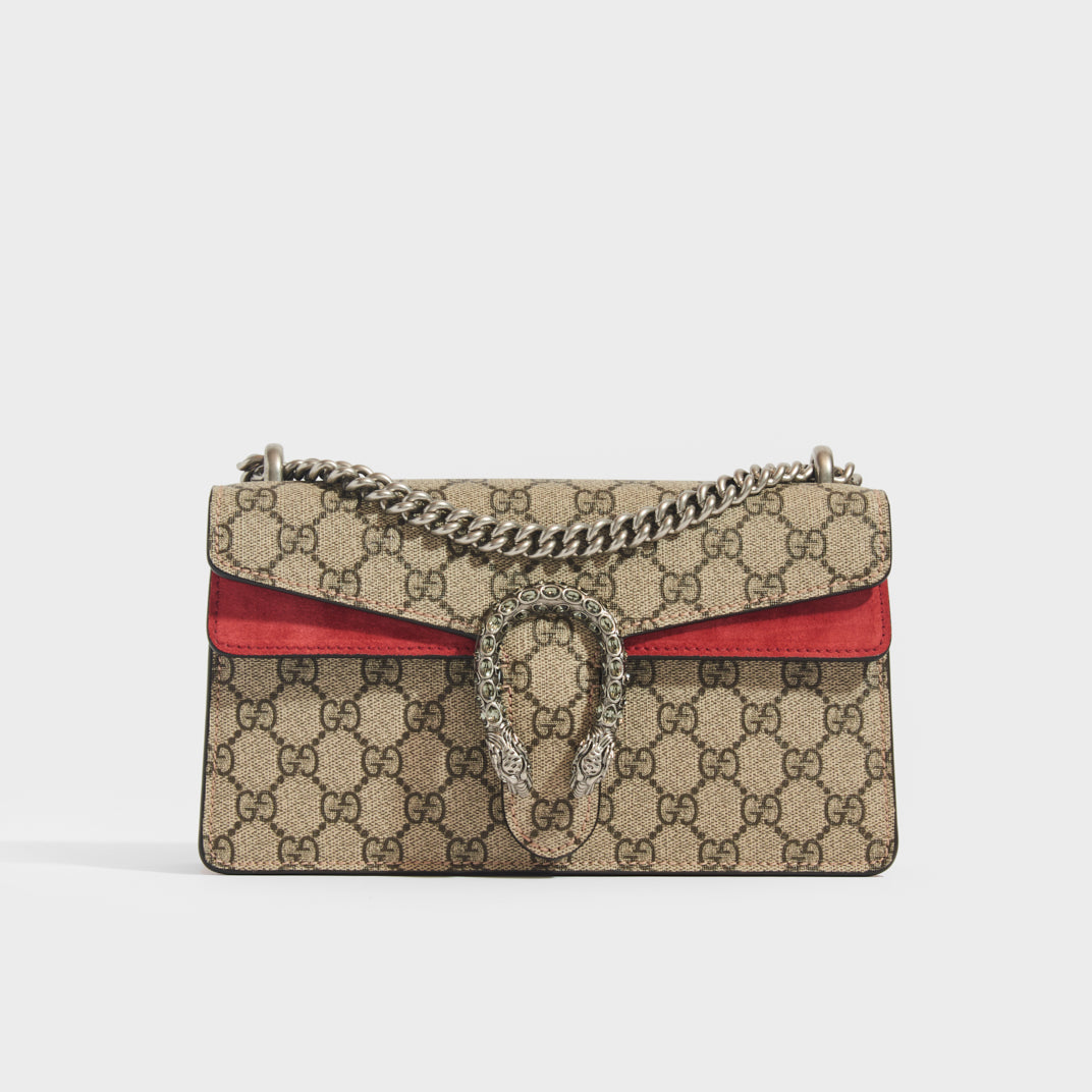Dionysus GG small rectangular bag in GG Supreme and red suede