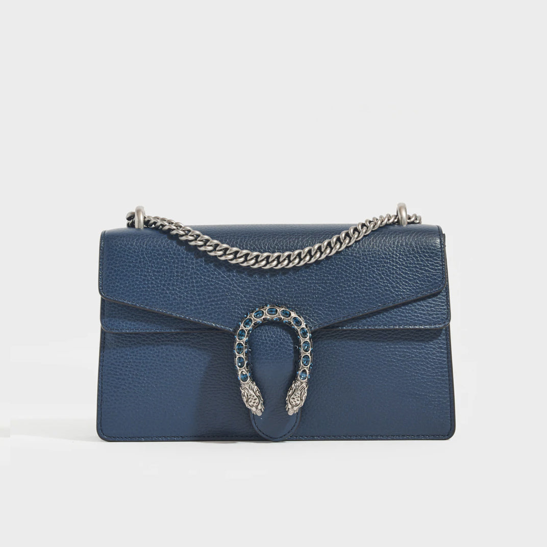 Dionysus Small Leather Shoulder Bag in Blue With Crystal Buckle