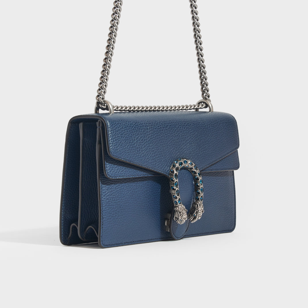 Dionysus Small Leather Shoulder Bag in Blue With Crystal Buckle