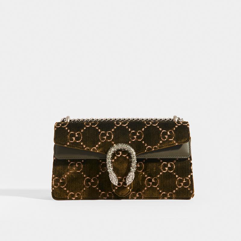 Gucci Velvet GG Monogram Small Dionysus Shoulder Bag Military Wood