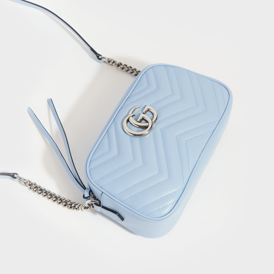 GUCCI GG Marmont Small Shoulder Bag in Pastel Blue Leather