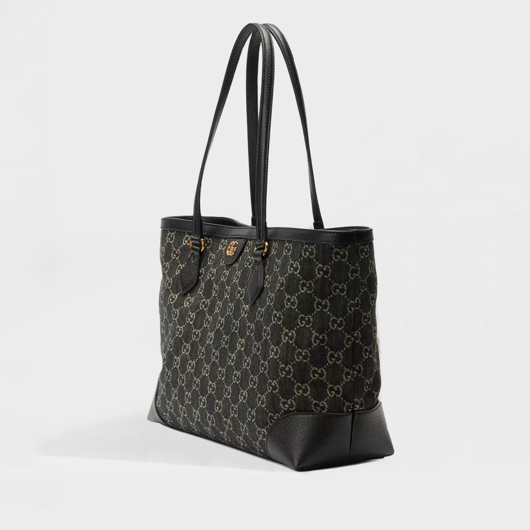 Ophidia GG Medium Tote in Black and Ivory Denim