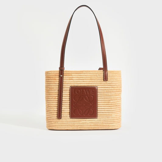 Small Leather and Raffia Tote in Natural & Pecan