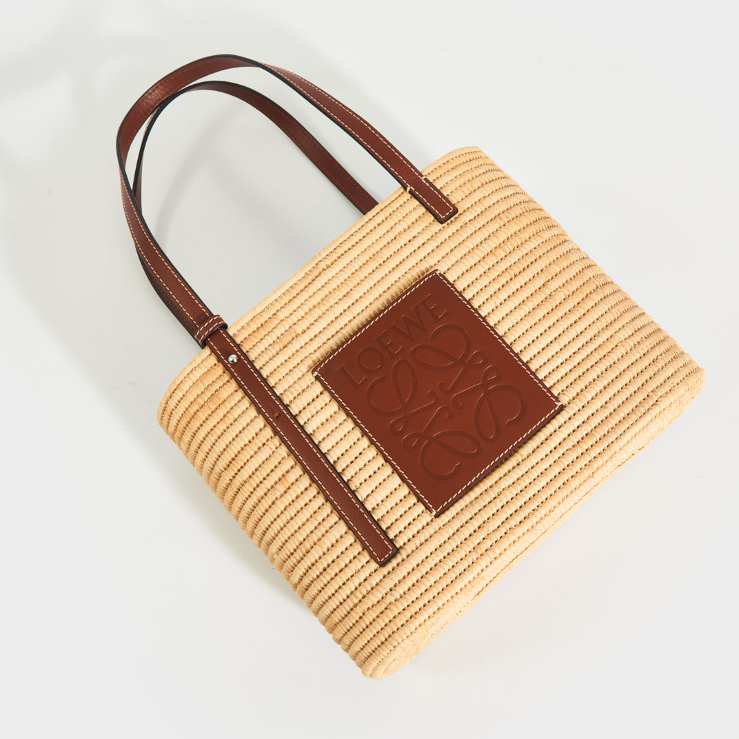 Small Leather and Raffia Tote in Natural & Pecan