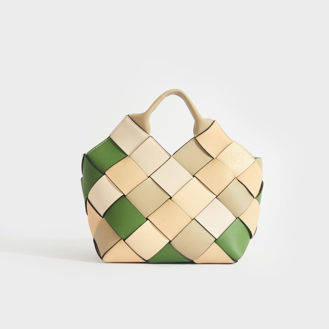 Woven Upcycled-Leather Basket Bag in Beige & Green