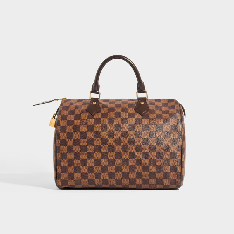 Front of the LOUIS VUITTON Speedy 30 in Damier Ebène Canvas