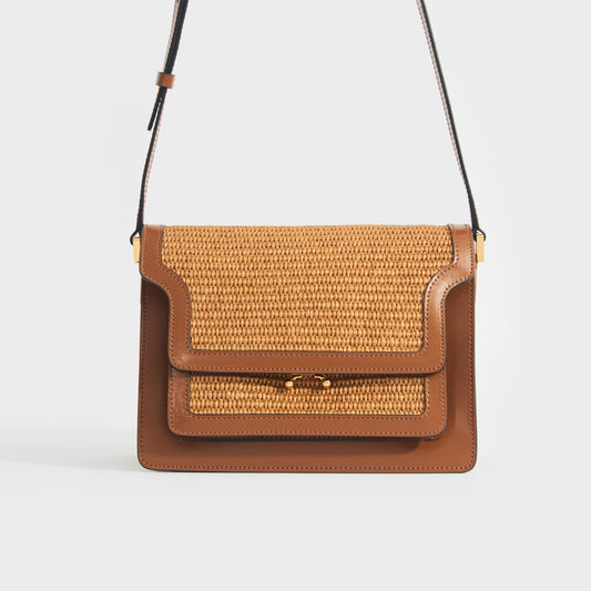 Front view of the MARNI Medium Raffia Trunk Crossbody Bag in Dark Tan