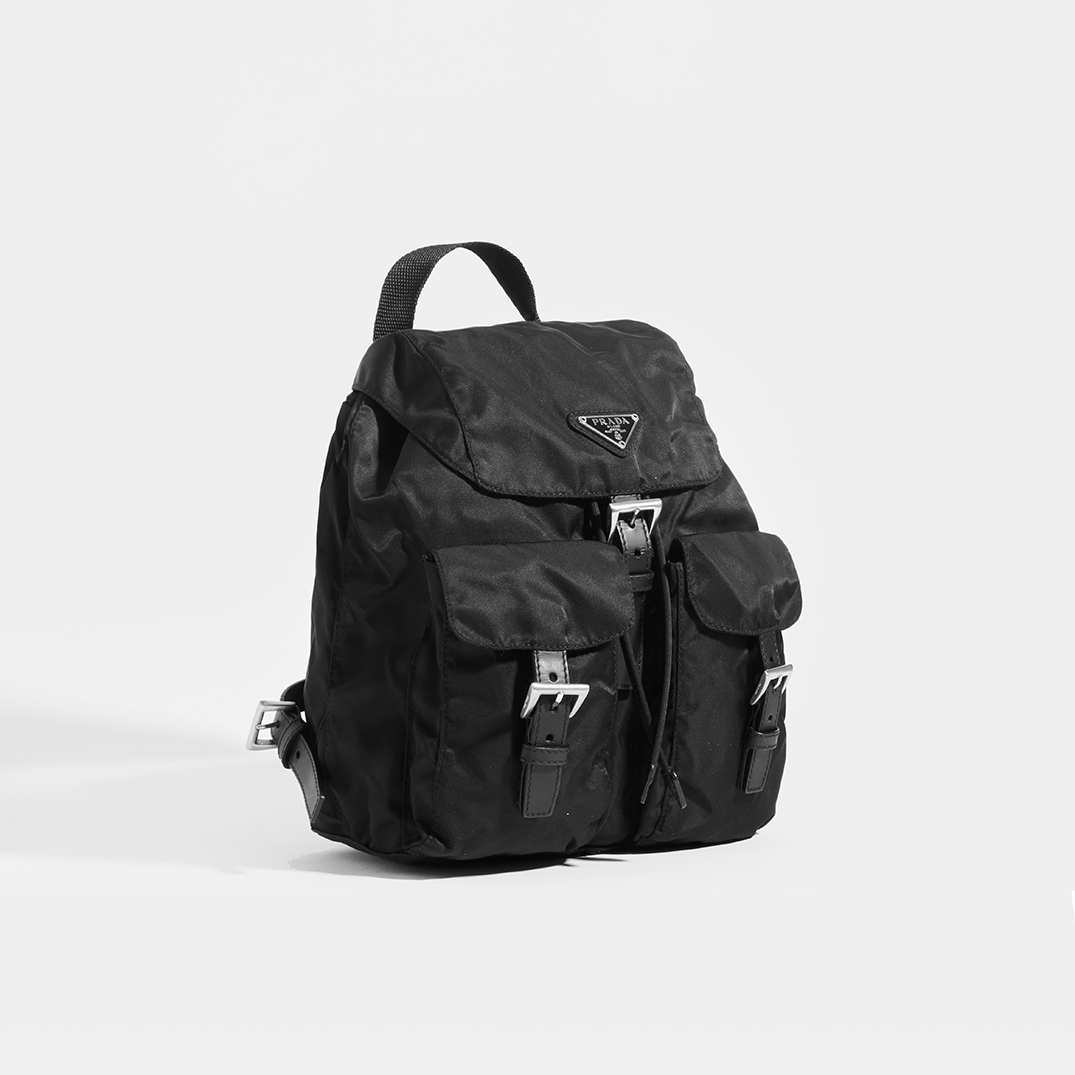 Side view of PRADA Vintage Small Backpack in Black Nylon