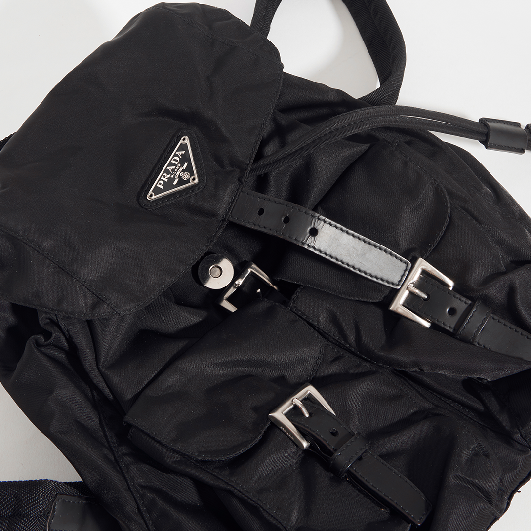 Close up view of PRADA Vintage Small Backpack in Black Nylon