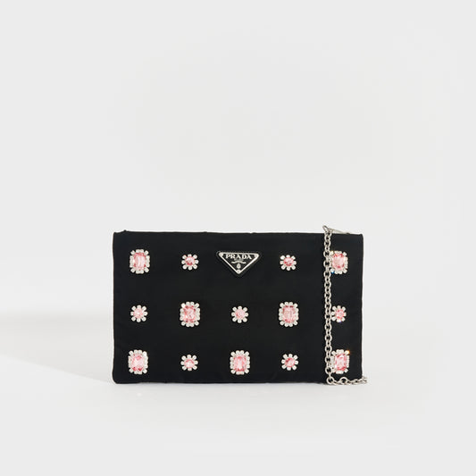 Catene Crystal Embellished Padded Nylon Clutch in Black