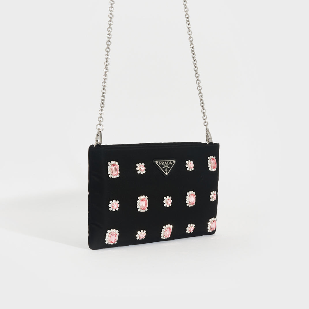 PRADA Catene Crystal Embellished Black Nylon Clutch COCOON