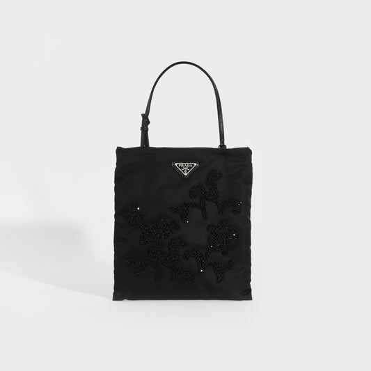 Floral-Beaded Nylon Bag in Black