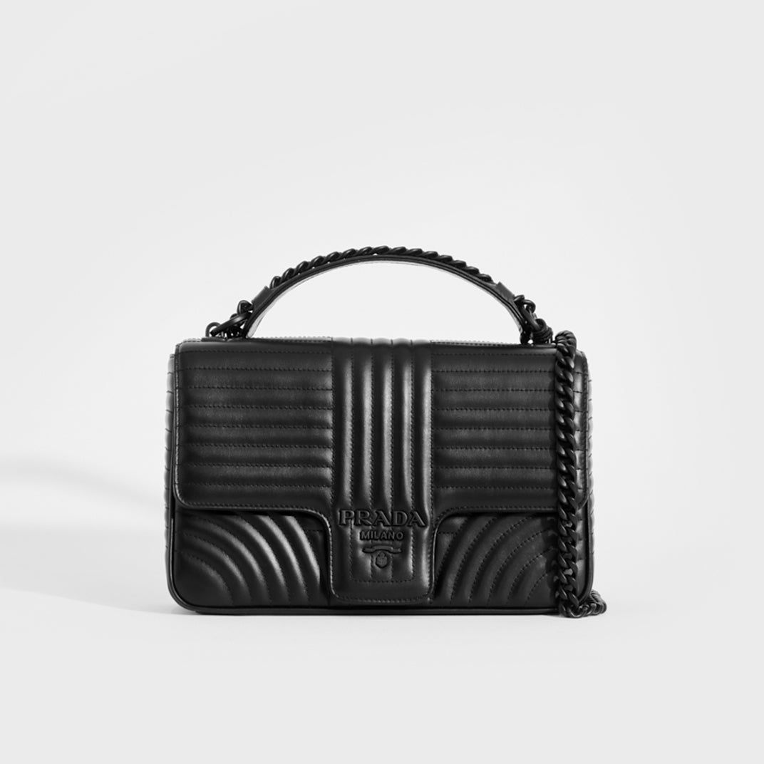 Prada Black Leather Front Logo Shoulder Top Handle Bag in Very 