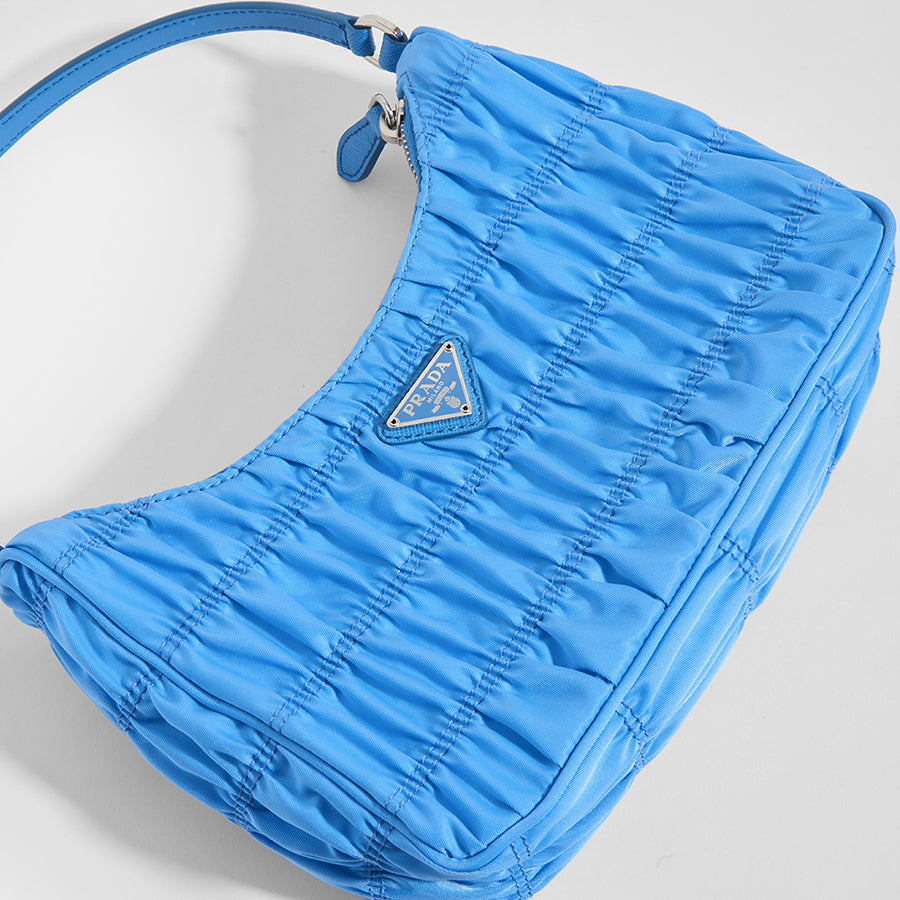 PRADA Ruched Hobo Bag in Blue Nylon COCOON