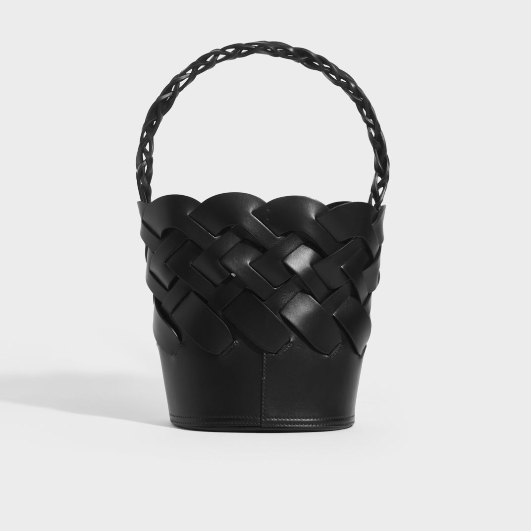 Small Woven Leather Bucket Bag in Black