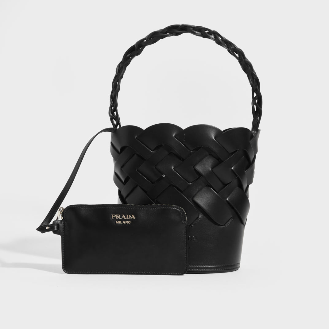Small Woven Leather Bucket Bag in Black