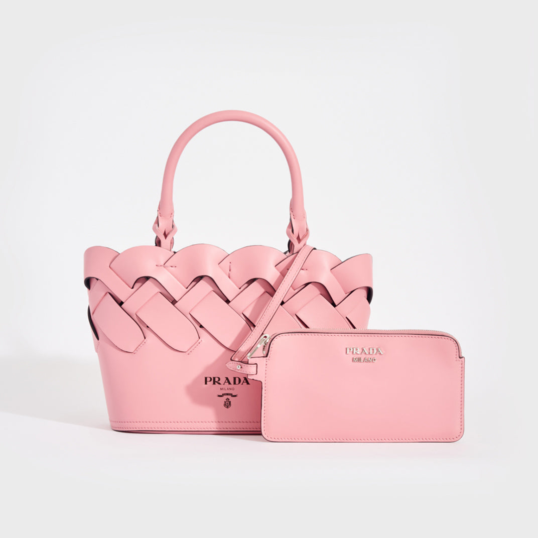 PRADA Small Woven Leather Tote Pink COCOON