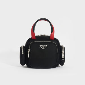 Prada Black Leather Front Logo Shoulder Top Handle Bag in Very 